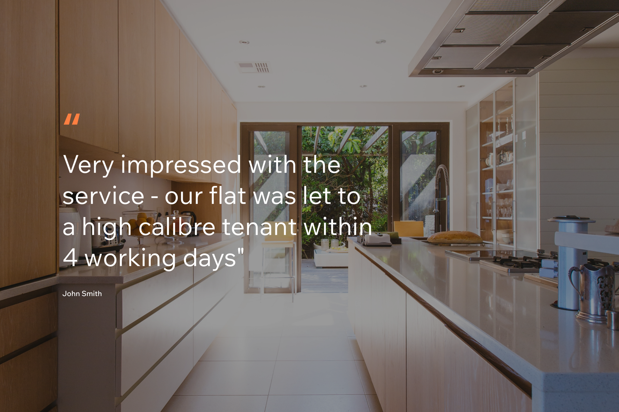 Image of high end kitchen with testimonial quote over the top for Estate Agents website